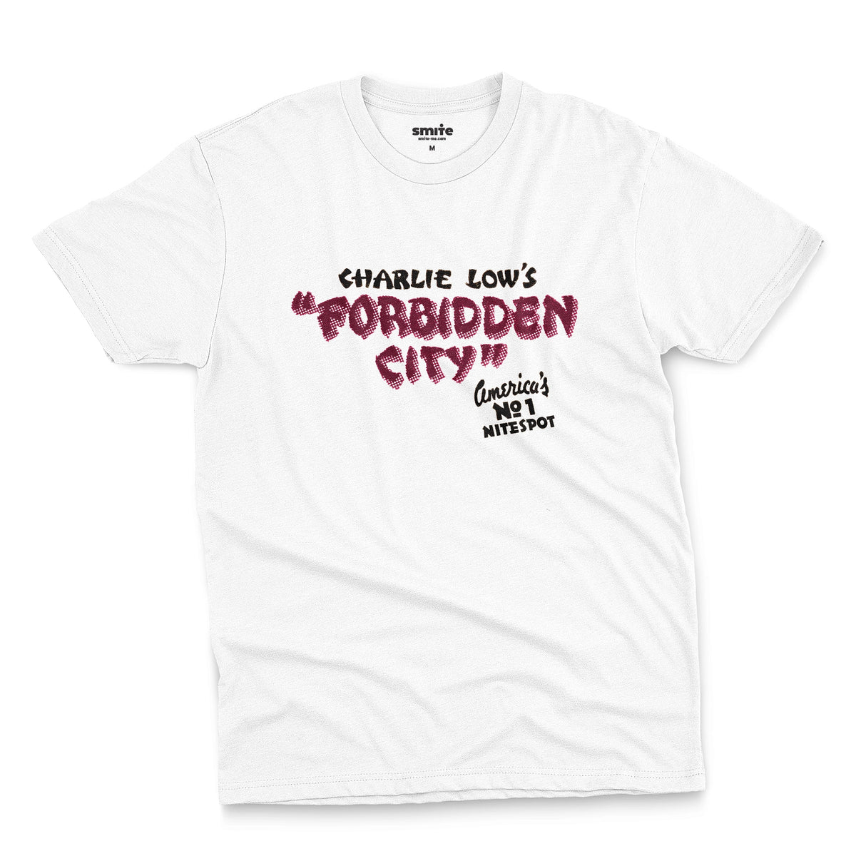 A white t-shirt with a retro advertisement for 'CHARLIE LOW'S FORBIDDEN CITY' nightclub.
