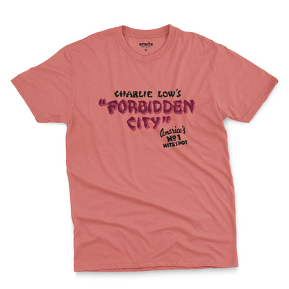 A coral pink t-shirt with a retro advertisement for 'CHARLIE LOW'S FORBIDDEN CITY' nightclub.