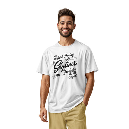 A white t-shirt with a retro advertisement for The Skyliner restaurant at the airport in Farmington, New Mexico.
