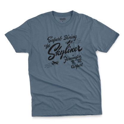A blue t-shirt with a retro advertisement for The Skyliner restaurant at the airport in Farmington, New Mexico.