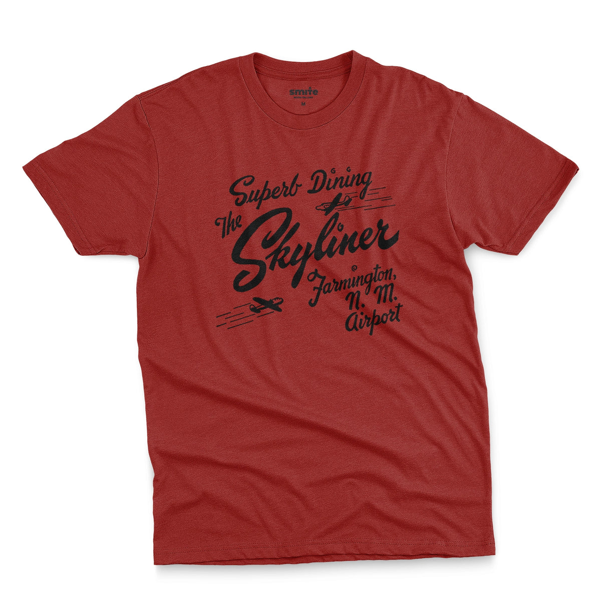 A red t-shirt with a retro advertisement for The Skyliner restaurant at the airport in Farmington, New Mexico.