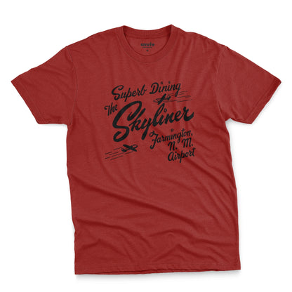 A red t-shirt with a retro advertisement for The Skyliner restaurant at the airport in Farmington, New Mexico.