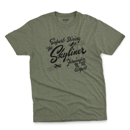 A green t-shirt with a retro advertisement for The Skyliner restaurant at the airport in Farmington, New Mexico.