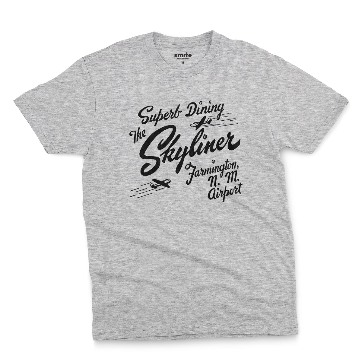 A gray marle t-shirt with a retro advertisement for The Skyliner restaurant at the airport in Farmington, New Mexico.