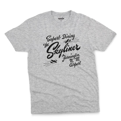 A gray marle t-shirt with a retro advertisement for The Skyliner restaurant at the airport in Farmington, New Mexico.