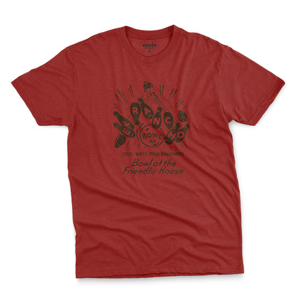A red t-shirt with a retro 1960s graphic advertisement for El Rancho bowling alley features bowling pins, bowling balls, and the text 'Bowl at the Friendly House' along with an illustration of a bowler.