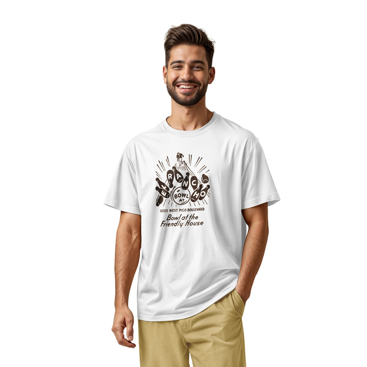 A white t-shirt with a retro 1960s graphic advertisement for El Rancho bowling alley features bowling pins, bowling balls, and the text 'Bowl at the Friendly House' along with an illustration of a bowler.