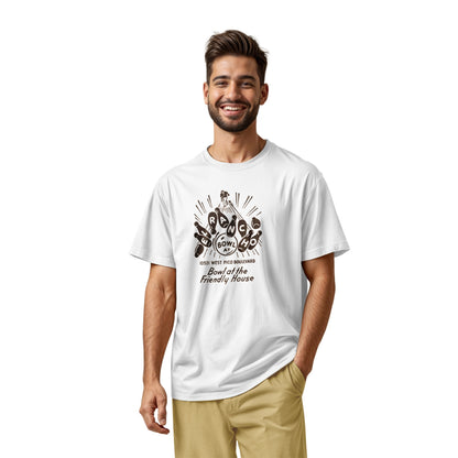 A white t-shirt with a retro 1960s graphic advertisement for El Rancho bowling alley features bowling pins, bowling balls, and the text 'Bowl at the Friendly House' along with an illustration of a bowler.