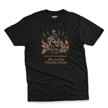 A black t-shirt with a retro 1960s graphic advertisement for El Rancho bowling alley features bowling pins, bowling balls, and the text 'Bowl at the Friendly House' along with an illustration of a bowler.
