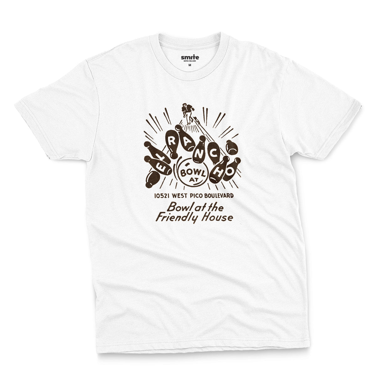 A white t-shirt with a retro 1960s graphic advertisement for El Rancho bowling alley features bowling pins, bowling balls, and the text 'Bowl at the Friendly House' along with an illustration of a bowler.