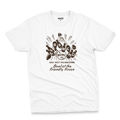 A white t-shirt with a retro 1960s graphic advertisement for El Rancho bowling alley features bowling pins, bowling balls, and the text 'Bowl at the Friendly House' along with an illustration of a bowler.
