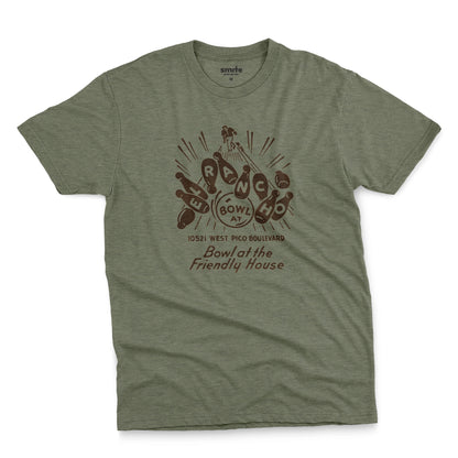 A green t-shirt with a retro 1960s graphic advertisement for El Rancho bowling alley features bowling pins, bowling balls, and the text 'Bowl at the Friendly House' along with an illustration of a bowler.