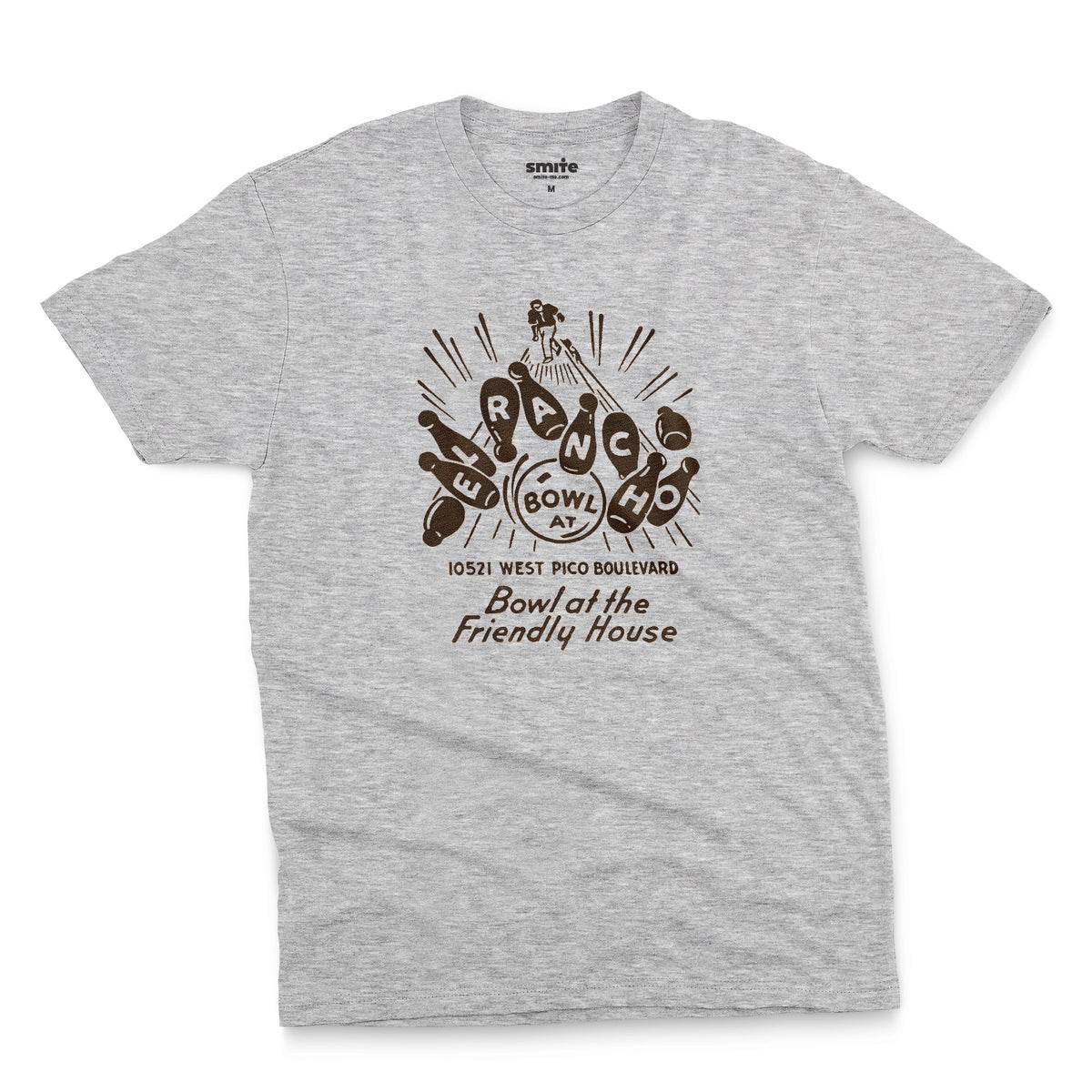 A gray marle t-shirt with a retro 1960s graphic advertisement for El Rancho bowling alley features bowling pins, bowling balls, and the text 'Bowl at the Friendly House' along with an illustration of a bowler.