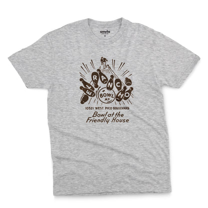 A gray marle t-shirt with a retro 1960s graphic advertisement for El Rancho bowling alley features bowling pins, bowling balls, and the text 'Bowl at the Friendly House' along with an illustration of a bowler.