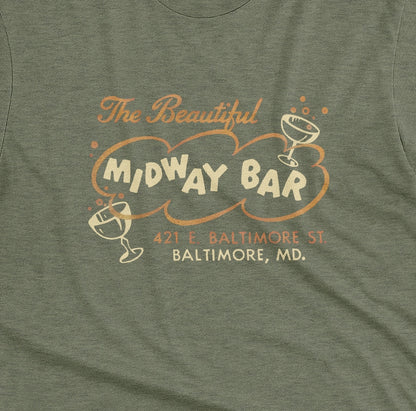 A green t-shirt with a retro advertisement for the Midway Bar in Baltimore.