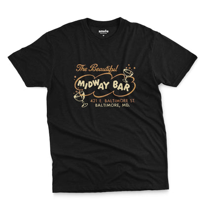 A black t-shirt with a retro advertisement for the Midway Bar in Baltimore.
