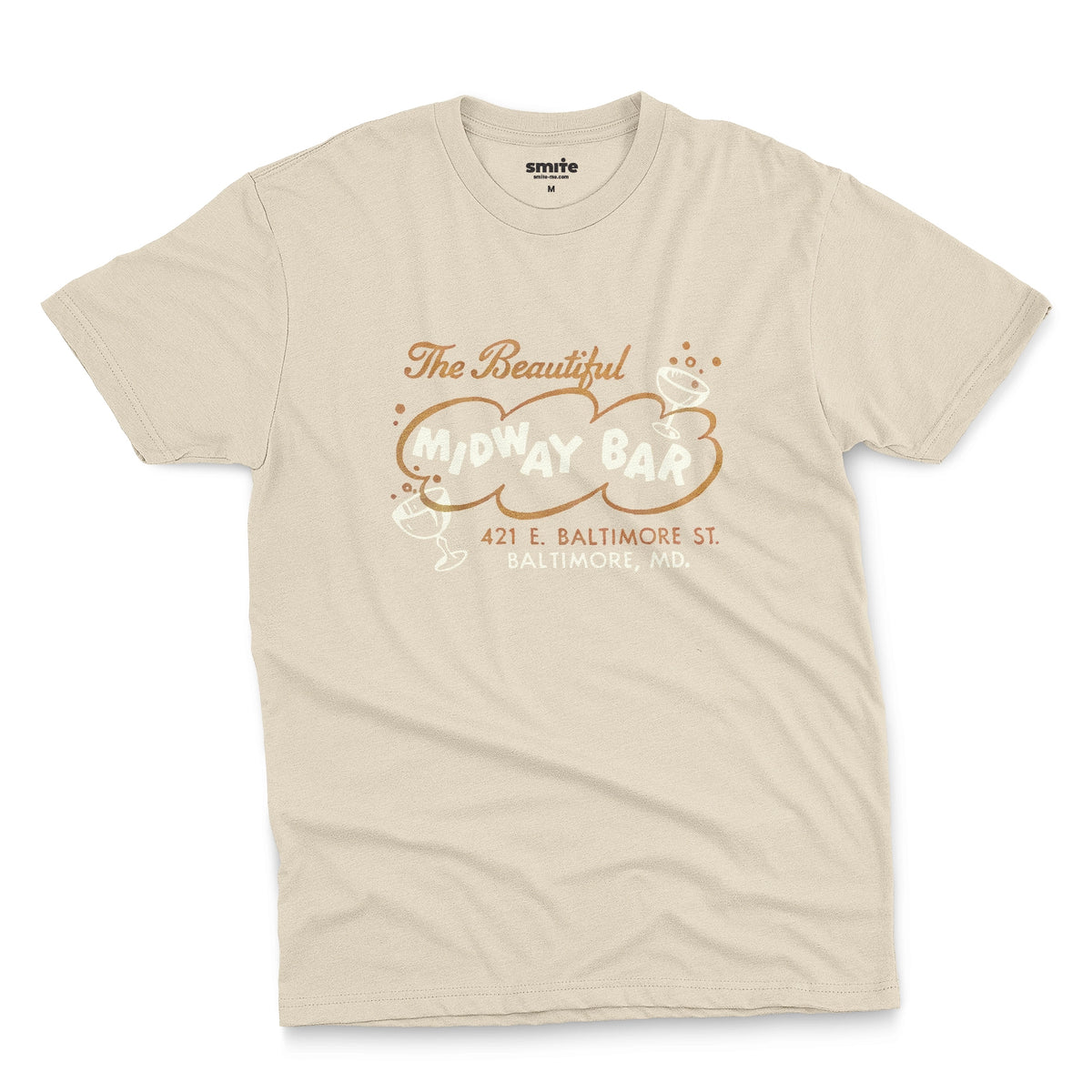 A beige t-shirt with a retro advertisement for the Midway Bar in Baltimore.