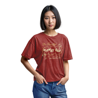 A red t-shirt with a retro advertisement for the Midway Bar in Baltimore.