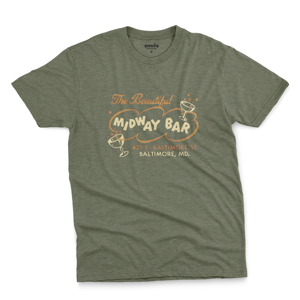 A green t-shirt with a retro advertisement for the Midway Bar in Baltimore.