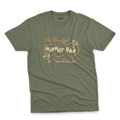 A green t-shirt with a retro advertisement for the Midway Bar in Baltimore.