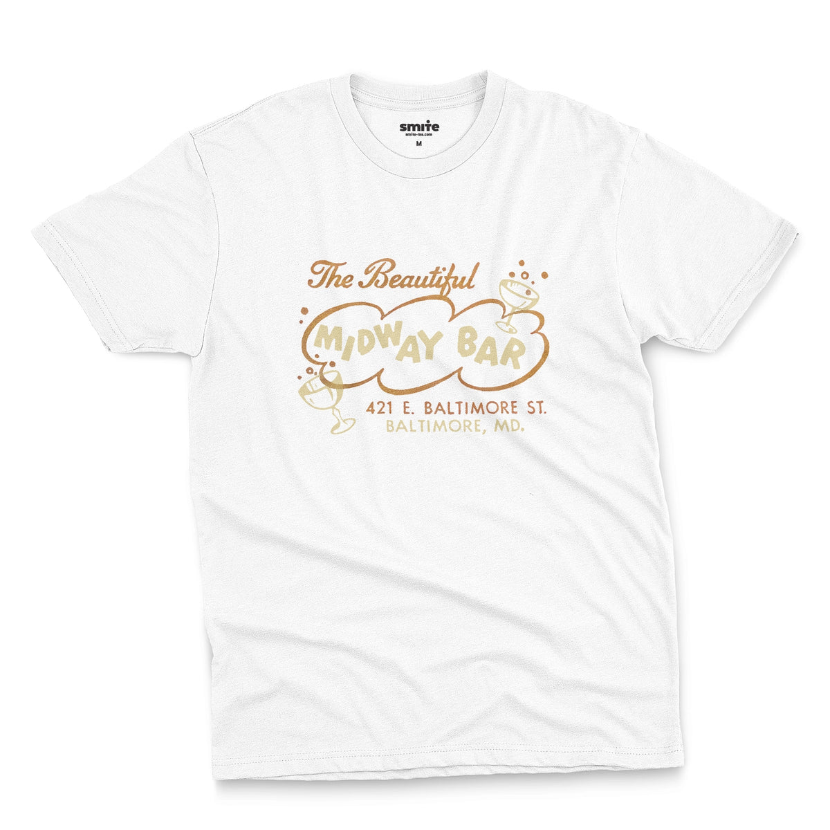 A white t-shirt with a retro advertisement for the Midway Bar in Baltimore.
