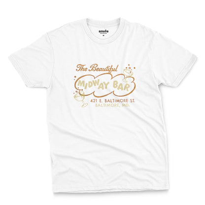 A white t-shirt with a retro advertisement for the Midway Bar in Baltimore.