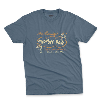 A blue t-shirt with a retro advertisement for the Midway Bar in Baltimore.