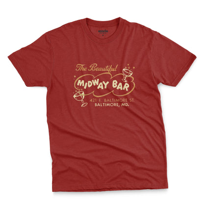 A red t-shirt with a retro advertisement for the Midway Bar in Baltimore.