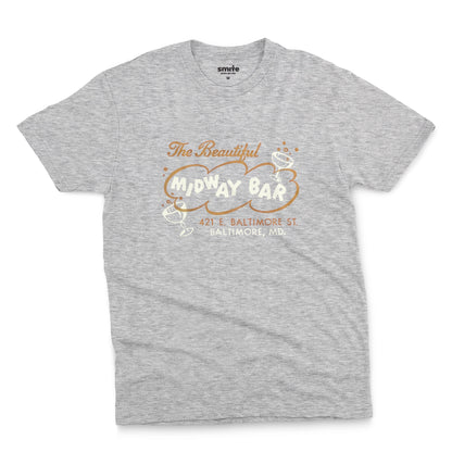 A gray marle t-shirt with a retro advertisement for the Midway Bar in Baltimore.