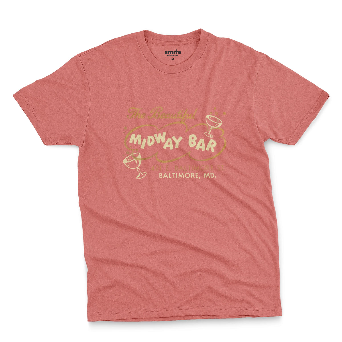 A coral pink t-shirt with a retro advertisement for the Midway Bar in Baltimore.