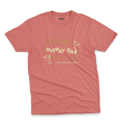 A coral pink t-shirt with a retro advertisement for the Midway Bar in Baltimore.