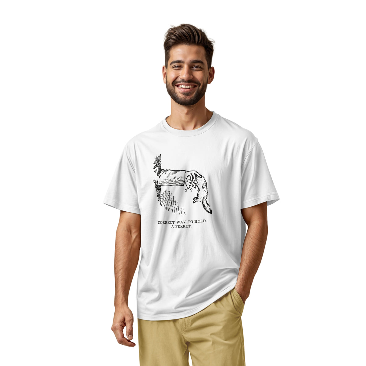 A white t-shirt with a vintage engraved illustration of an arm holding a ferret and text saying: Correct way to hold a ferret.