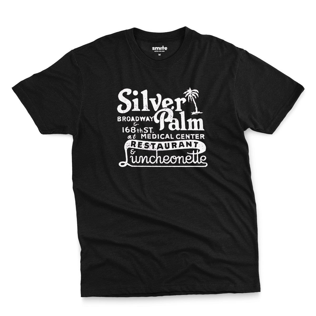A black t-shirt with a retro advertisement for Silver Palm Restaurant in New York.