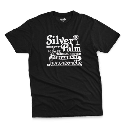 A black t-shirt with a retro advertisement for Silver Palm Restaurant in New York.