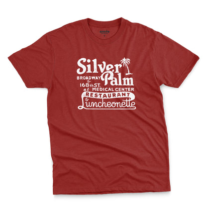 A red t-shirt with a retro advertisement for Silver Palm Restaurant in New York.
