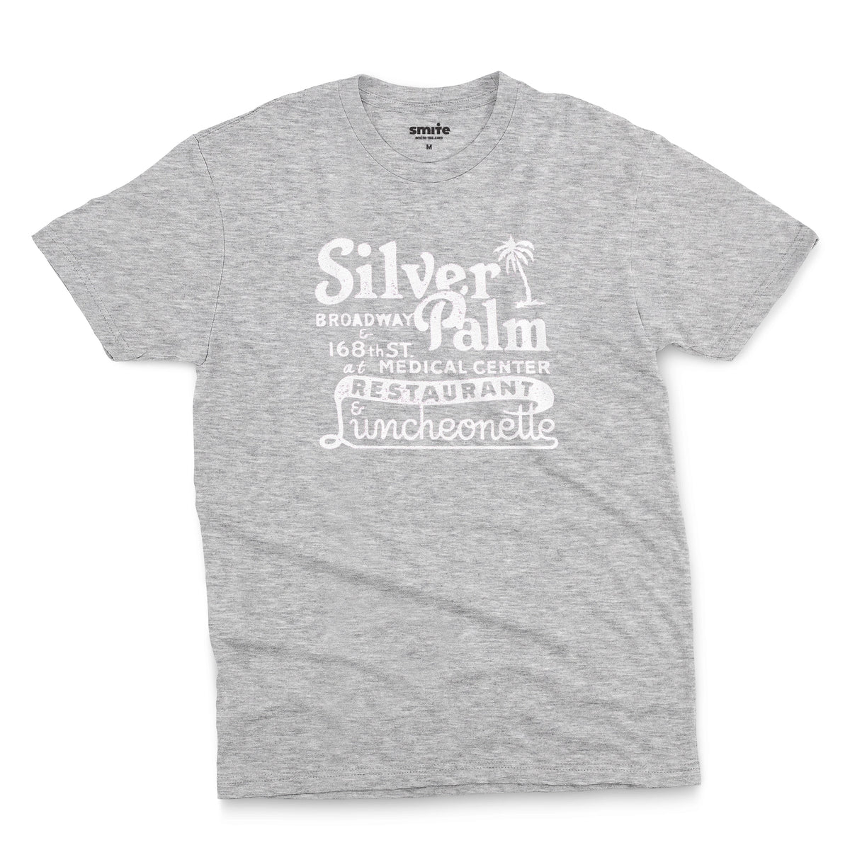 A gray marle t-shirt with a retro advertisement for Silver Palm Restaurant in New York.