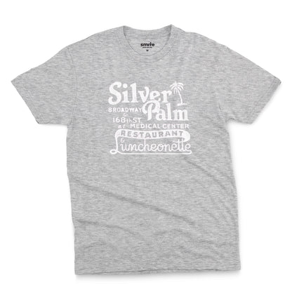 A gray marle t-shirt with a retro advertisement for Silver Palm Restaurant in New York.