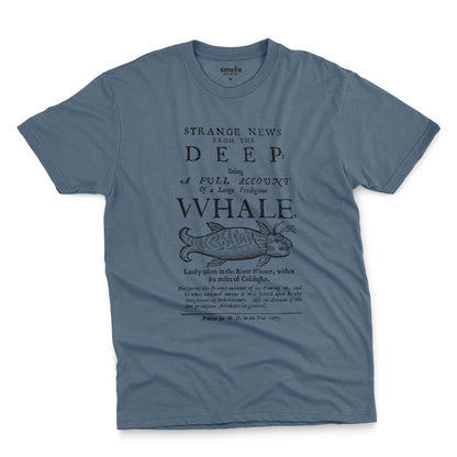 A blue t-shirt with a graphic cover page print from 1677 about a whale caught in a river.