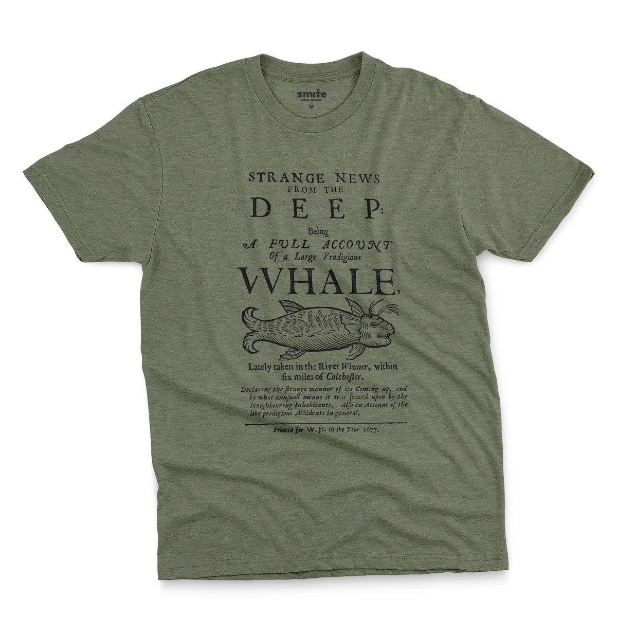 A green t-shirt with a graphic cover page print from 1677 about a whale caught in a river.