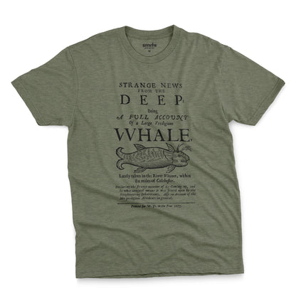 A green t-shirt with a graphic cover page print from 1677 about a whale caught in a river.