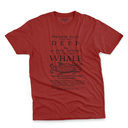 A red t-shirt with a graphic cover page print from 1677 about a whale caught in a river.