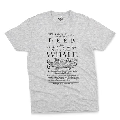 A grey marle t-shirt with a graphic cover page print from 1677 about a whale caught in a river.