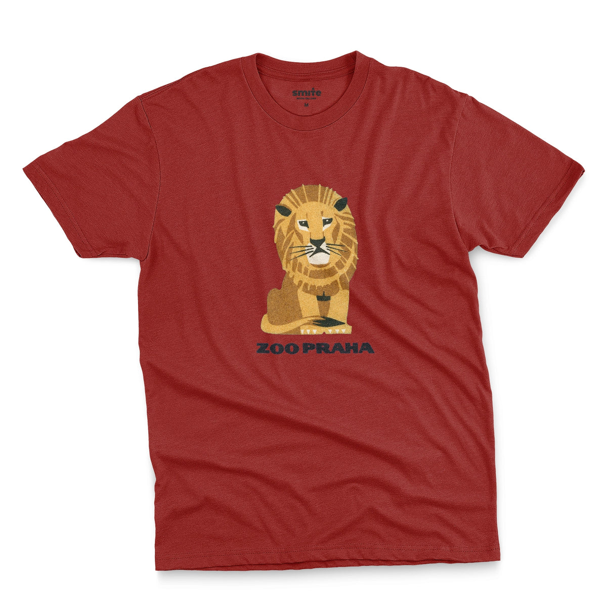 A red t-shirt with a 1960s ad for Prague Zoo featuring a retro graphic of a resting lion with 'ZOO PRAHA' printed underneath.