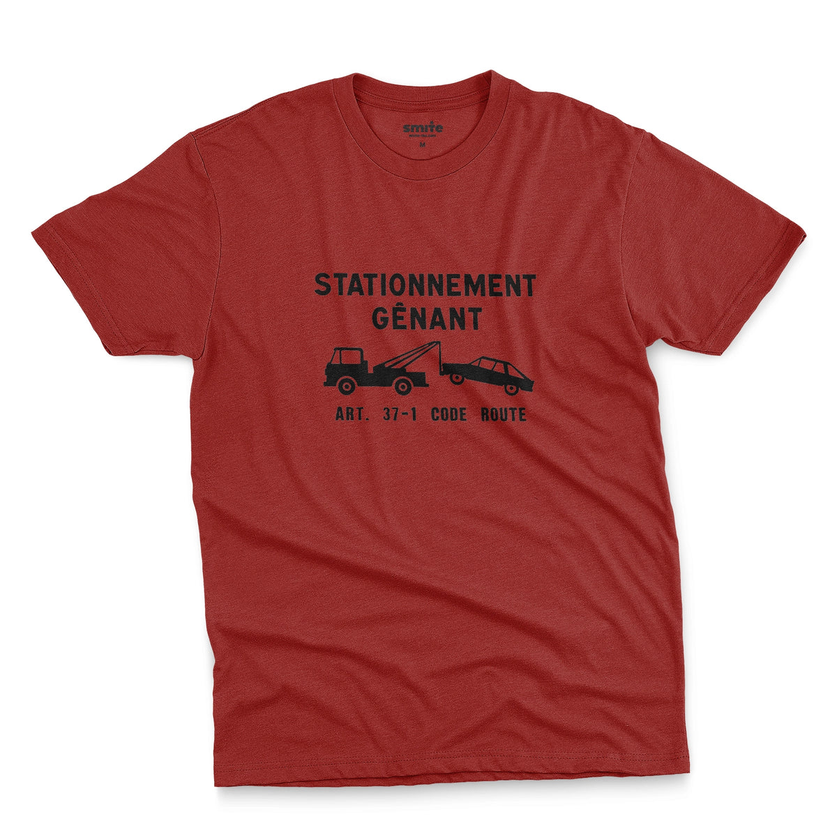 A red t-shirt with a graphic print of a French street sign that says "nuisance parking" in French and a picture of a car being towed away.