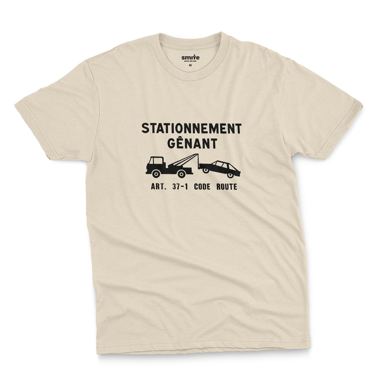 A beige t-shirt with a graphic print of a French street sign that says "nuisance parking" in French and a picture of a car being towed away.
