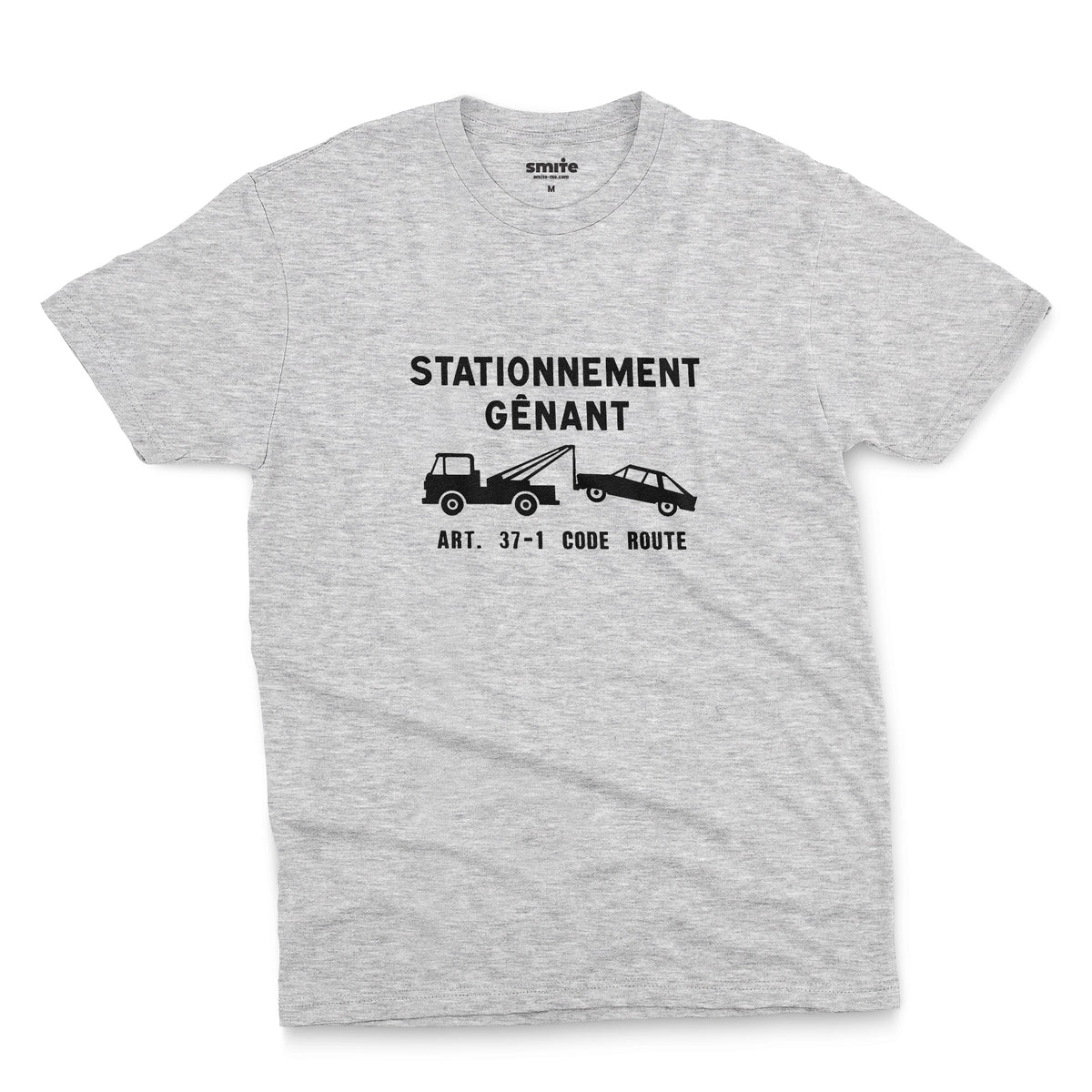 A grey marle t-shirt with a graphic print of a French street sign that says "nuisance parking" in French and a picture of a car being towed away.