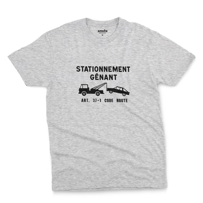 A grey marle t-shirt with a graphic print of a French street sign that says "nuisance parking" in French and a picture of a car being towed away.