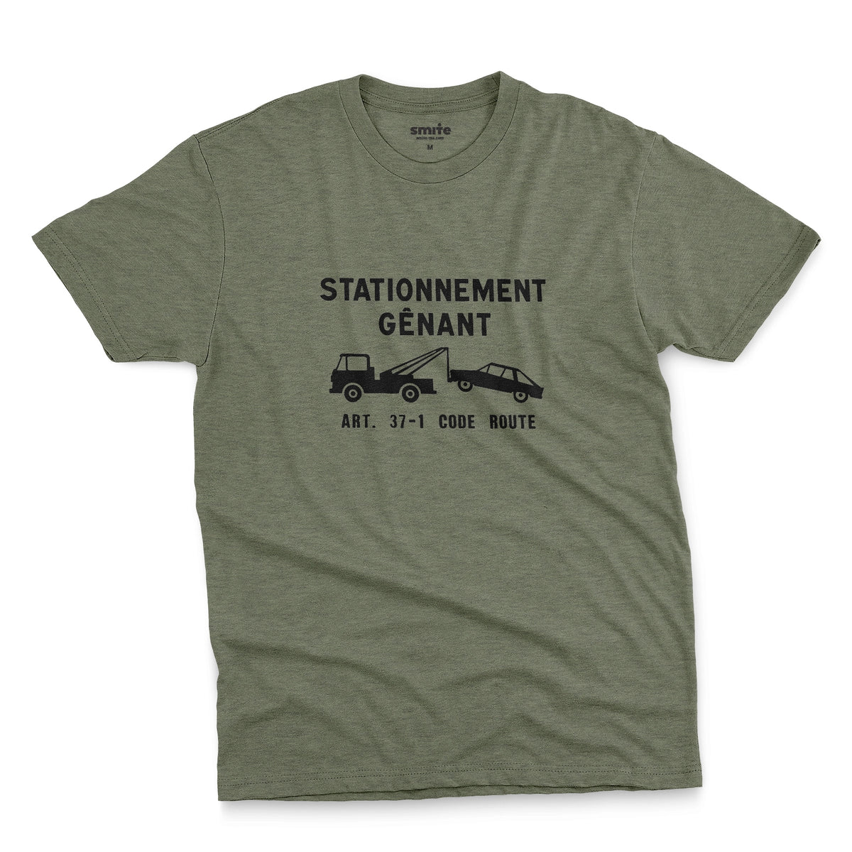 A green t-shirt with a graphic print of a French street sign that says "nuisance parking" in French and a picture of a car being towed away.