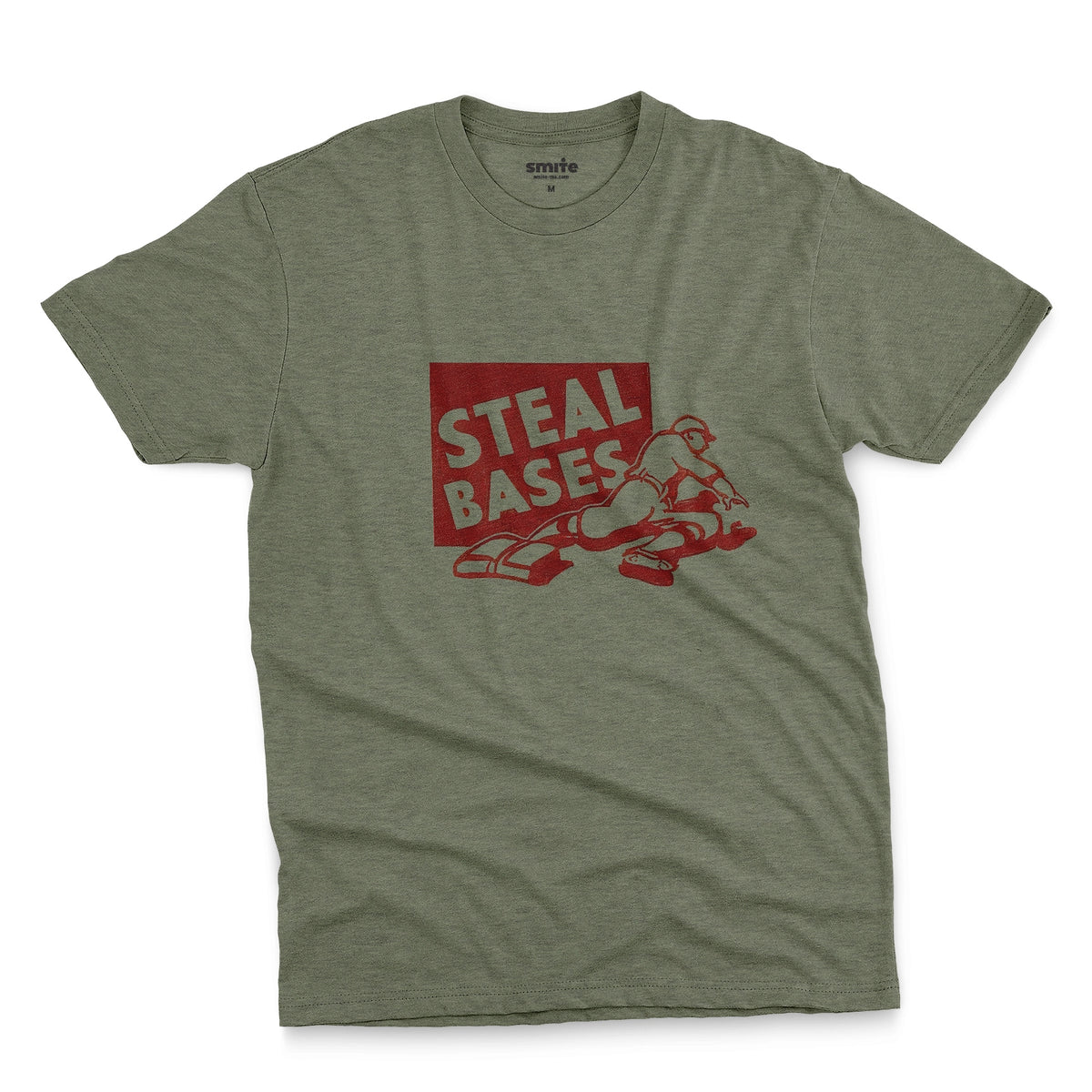 A green t-shirt featuring a retro graphic featuring an illustration of a baseball player and the text 'STEAL BASES'.