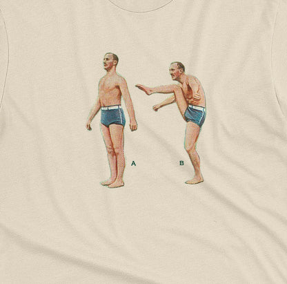 A beige t-shirt featuring a 1960s vintage graphic of an exercising man in blue swim trunks, labeled A and B.